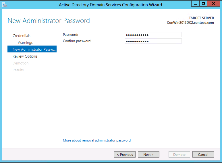 Capture d’écran de la page Nouveau mot de passe d’administrateur de l’Assistant Configuration des services de domaine Active Directory.