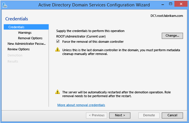 Assistant Configuration des services de domaine Active Directory - Informations d’identification - Forcer la suppression