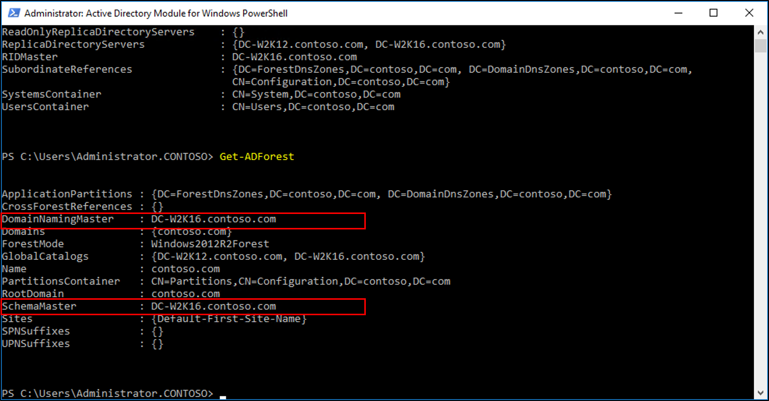 Capture d’écran de la fenêtre Module Active Directory pour Windows PowerShell montrant les résultats de l’applet de commande Get-ADForest avec les valeurs Maître d’attribution des noms de domaines et Contrôleur de schéma mises en évidence.