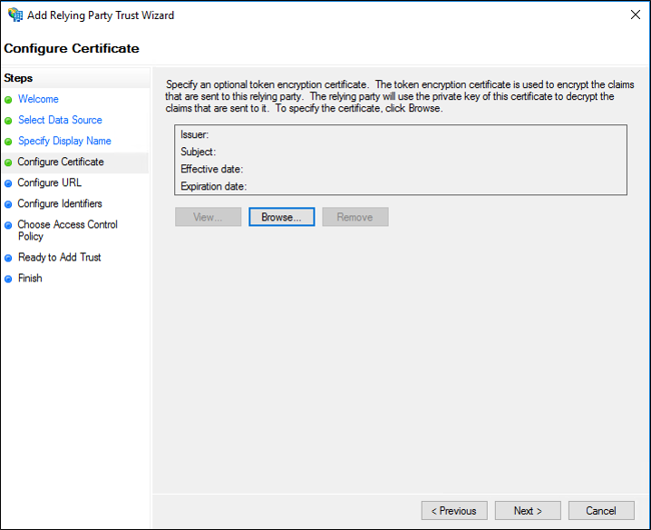 Screenshot of the Configure Certificate page of the Add Relying Party Trust Wizard showing the Browse button called out.