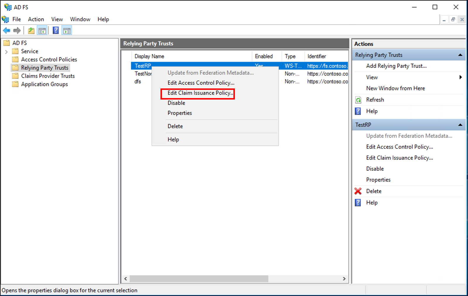 Screenshot that shows where to select the Edit Claim Issuance Policy option when you create a rule to issue an AD FS 1.x Name ID claim.