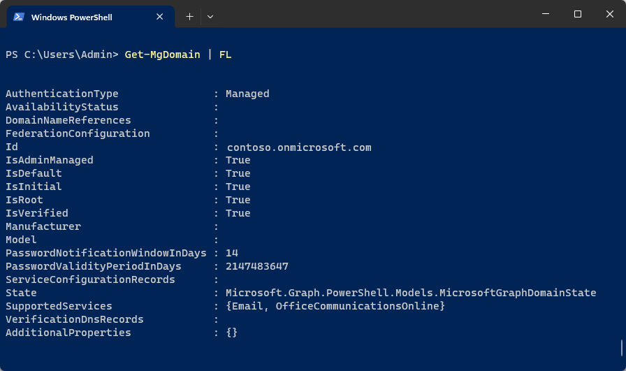 Screenshot of the PowerShell window showing the results of the Get-MgDomain command.