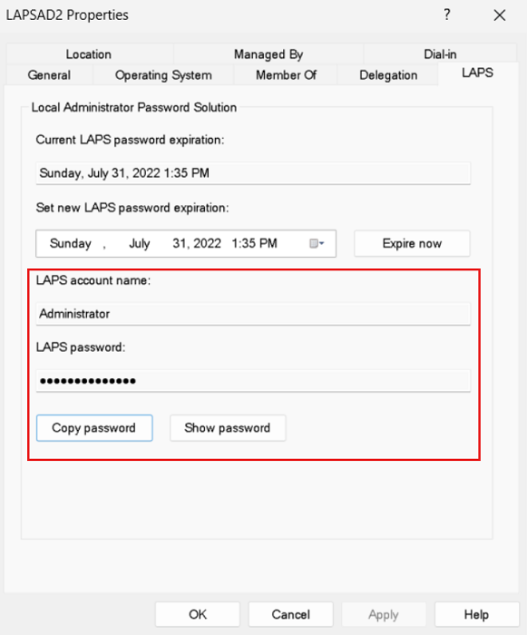 Screenshot that shows the copy and show password functionality in the Windows LAPS properties dialog in the Windows Server Active Directory Users and Computers snap-in.