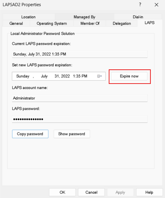 Screenshot that shows the Expire now button in the Windows LAPS properties dialog in the Windows Server Active Directory Users and Computers snap-in.