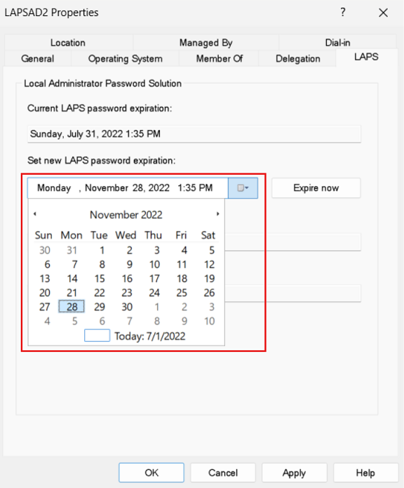 Screenshot that shows a modification of the password expiration time in the Windows LAPS properties dialog in the Windows Server Active Directory Users and Computers snap-in.