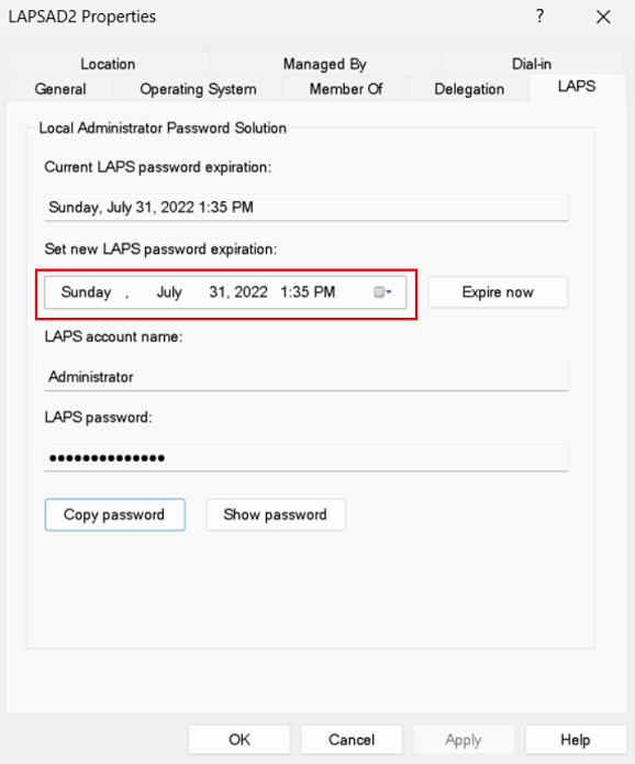 Screenshot that shows the current password expiration time in the Windows LAPS properties dialog in the Windows Server Active Directory Users and Computers snap-in.