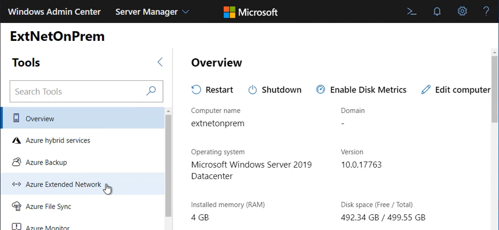 Capture d’écran de Windows Admin&nbsp;Center montrant l’outil de réseau étendu dans le Gestionnaire de serveur sur l’appliance virtuelle locale.