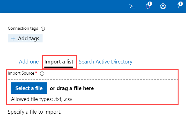 Screenshot of Add resources page when the Import a list tab is selected.
