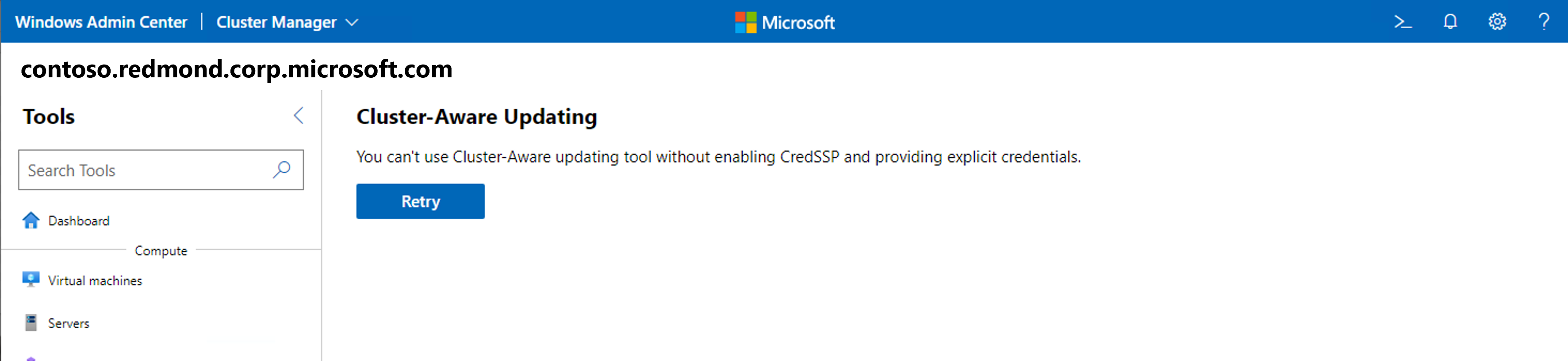 Capture d'écran de l'outil Updates utilisant Cluster-Aware Updating avec l'erreur Cred S S P dans Windows Admin Center.
