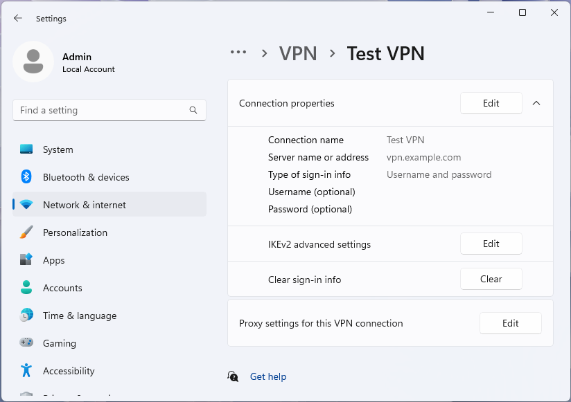 Capture d’écran de la page Options avancées de VPN pour un profil dans la page Paramètres de Windows 11.