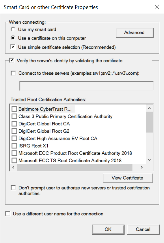 Capture d’écran montrant la boîte de dialogue Propriétés des cartes à puce ou des autres certificats.