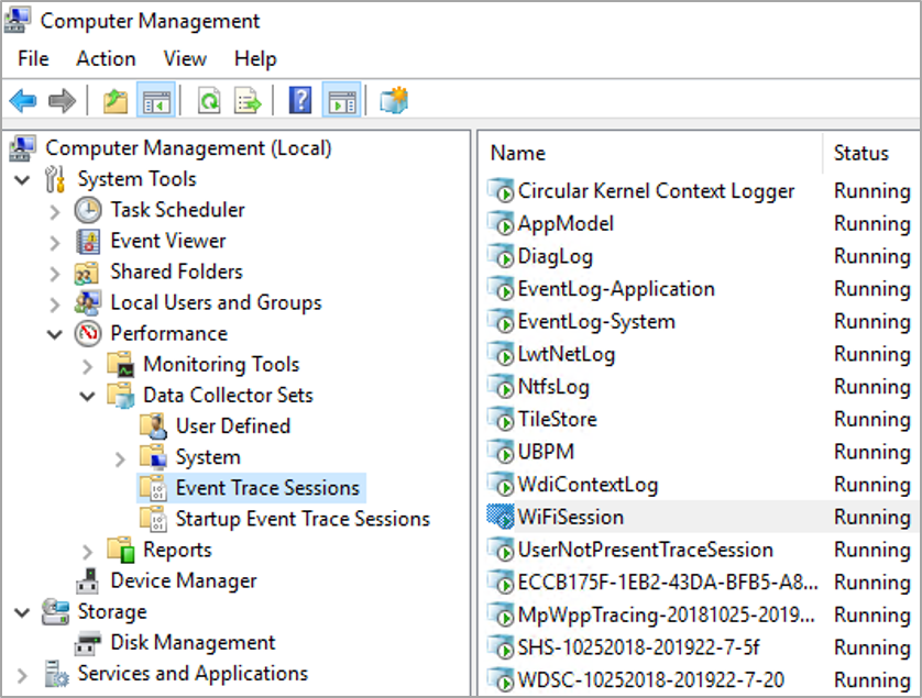 Capture d’écran du dossier gestion de l’ordinateur. Le dossier des traces système est ouvert et le fichier de session WiFi est sélectionné.