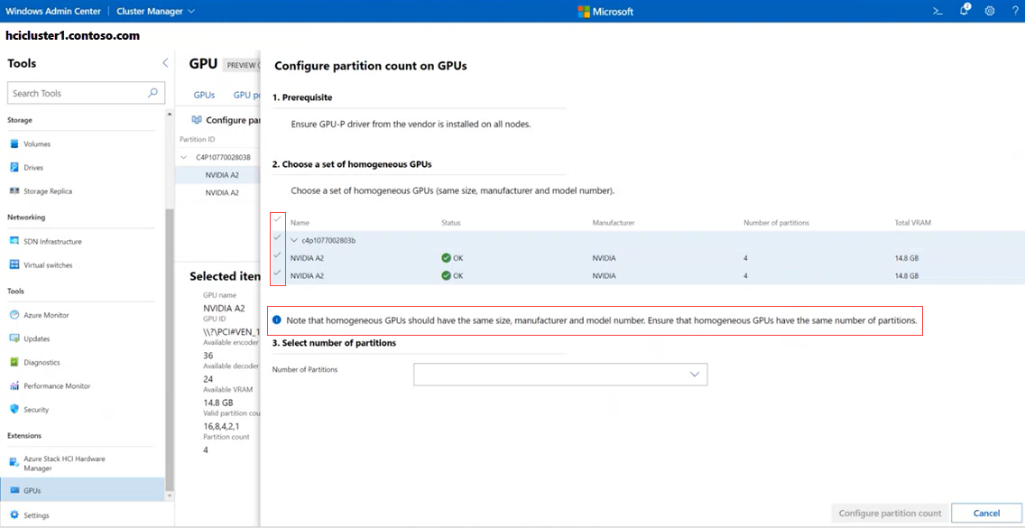 Capture d'écran de la page Configurer le nombre de partitions sur les GPU affichant l'inventaire des GPU pour configurer le nombre de partitions.