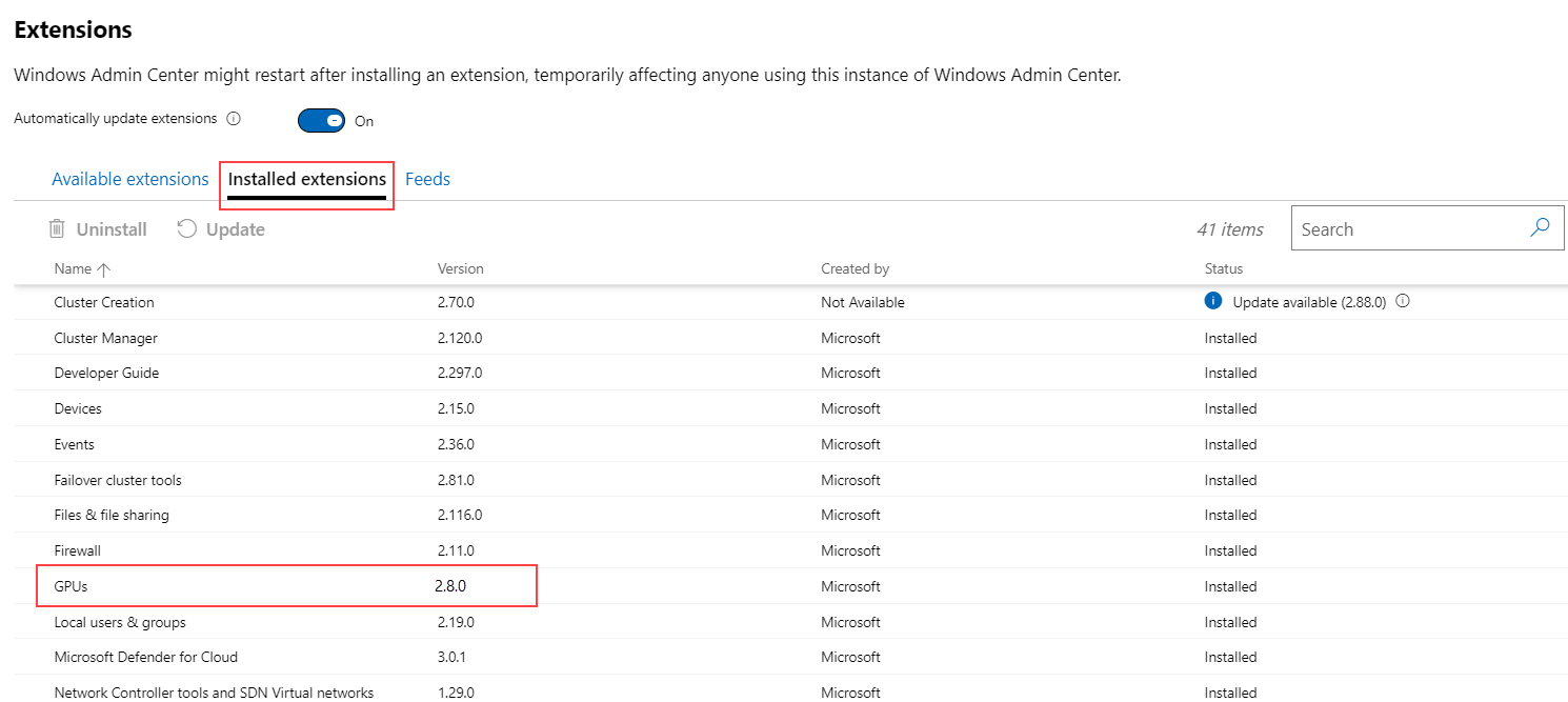 Capture d'écran de l'onglet Extensions installées dans Windows Admin Center pour vérifier que l'extension des GPU est installée.