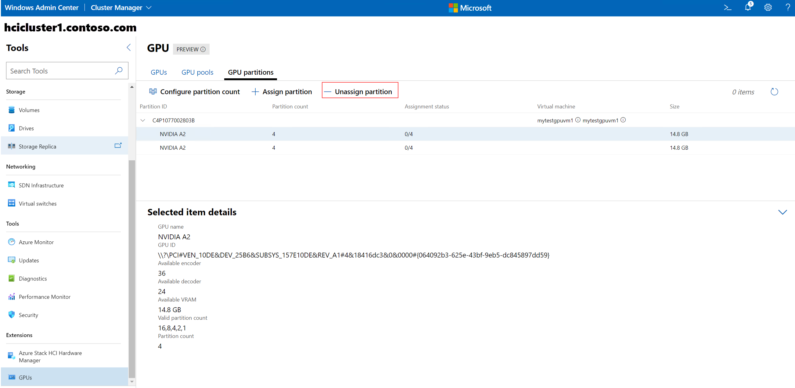 Capture d'écran montrant l'onglet Partitions GPU avec l'option Désaffecter la partition en surbrillance.
