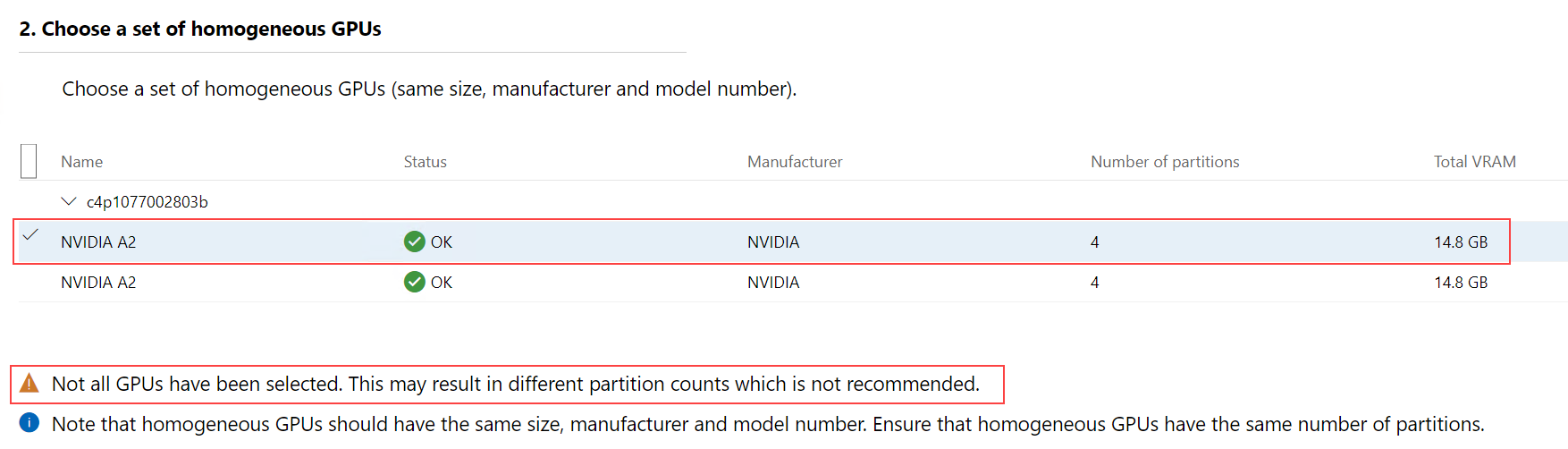 Capture d'écran montrant un avertissement lorsque tous les GPU d'un ensemble homogène ne sont pas sélectionnés.