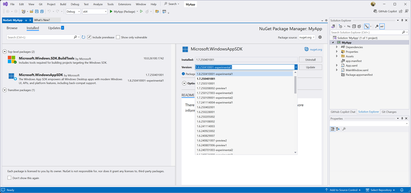 Capture d’écran du gestionnaire de package nuget Visual Studio avec Microsoft.WindowsAppSDK 1.8.250410001-experimental1 sélectionné.