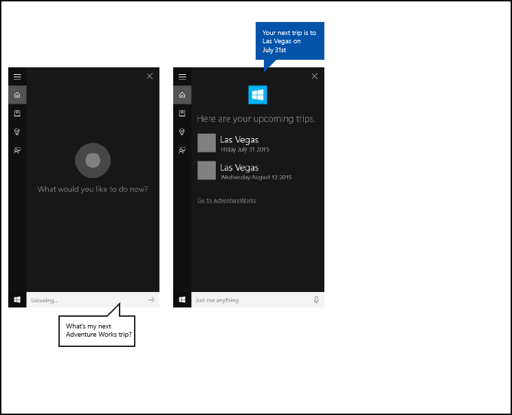 Capture d’écran de Cortana avec une requête de base et un écran de résultat à l’aide de l’application AdventureWorks en arrière-plan