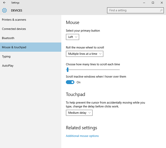 standard touchpad settings