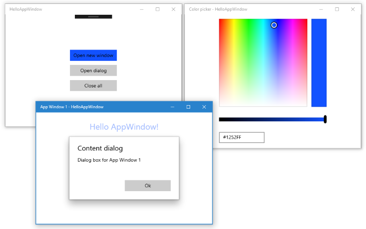 Exemple d’application avec un sélecteur de couleurs détaché et une fenêtre secondaire