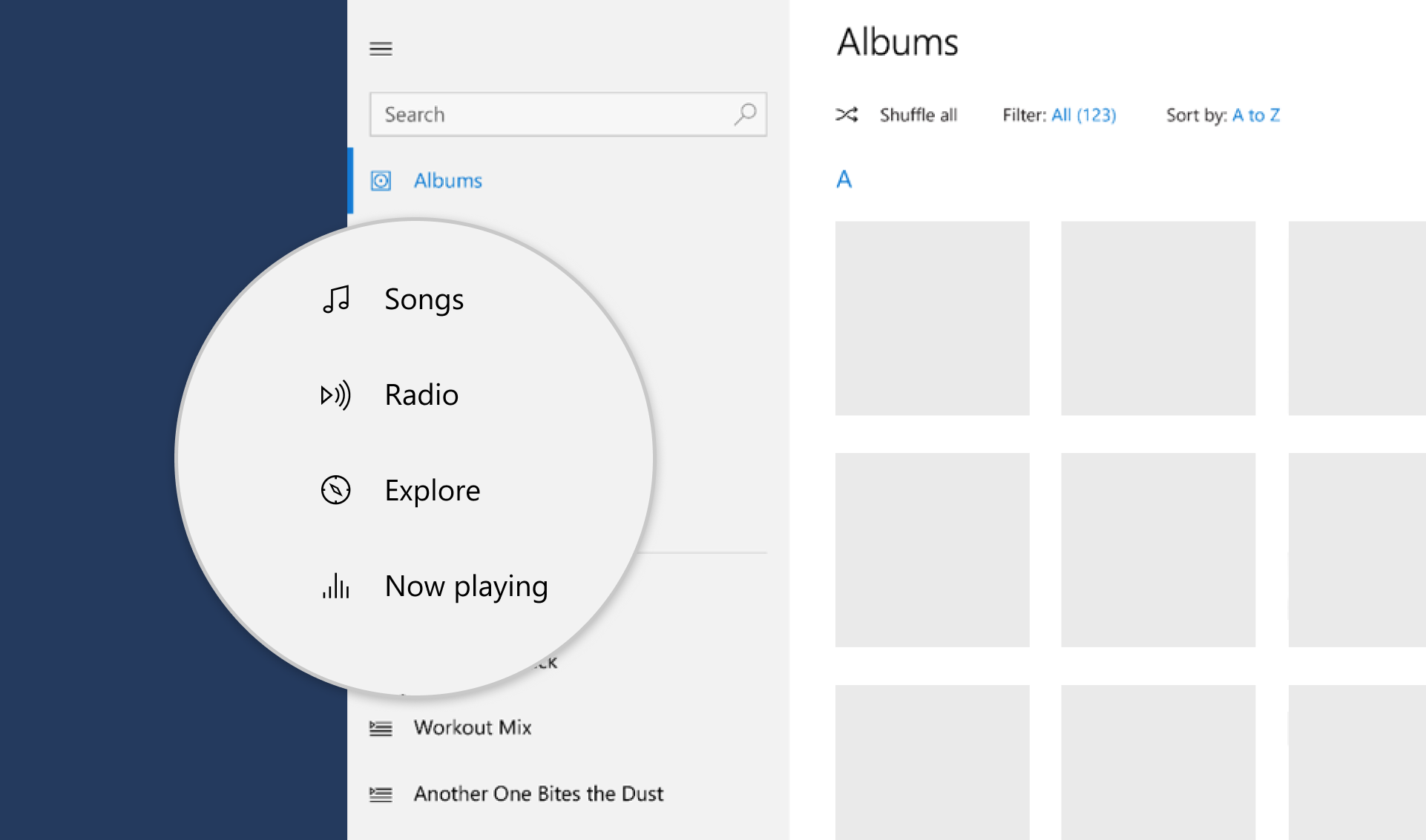 Capture d’écran des icônes dans une application de musique.