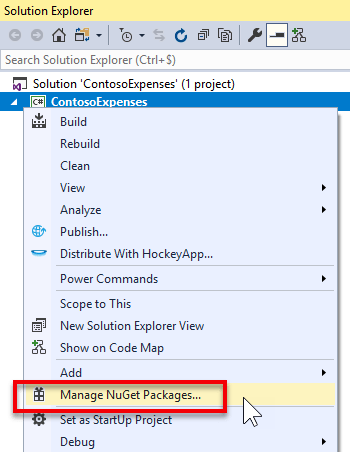 Menu Gérer les packages NuGet dans Visual Studio