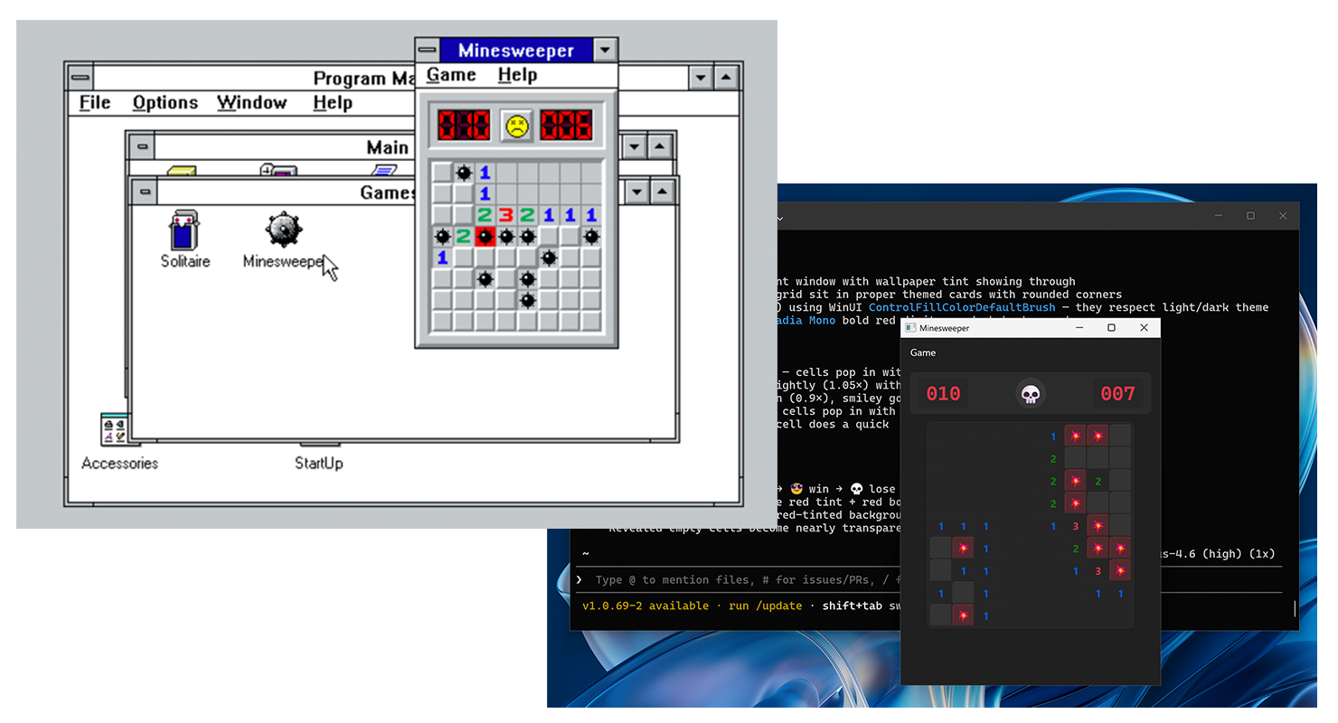 Minesweeper sur Windows 3.1 avec une version créée avec l’aide de GitHub Copilot s’exécutant sur Windows 11.