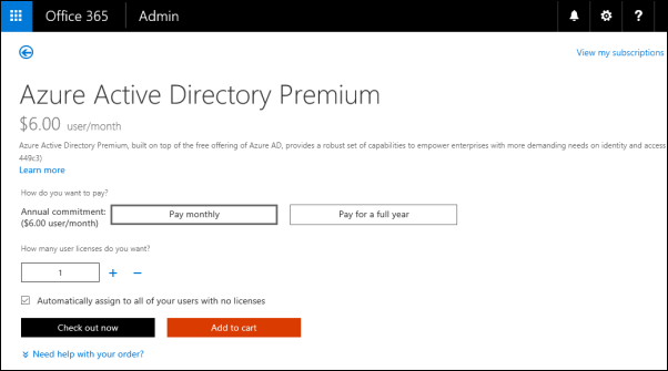 Page de paiement Azure Active Directory Premium.