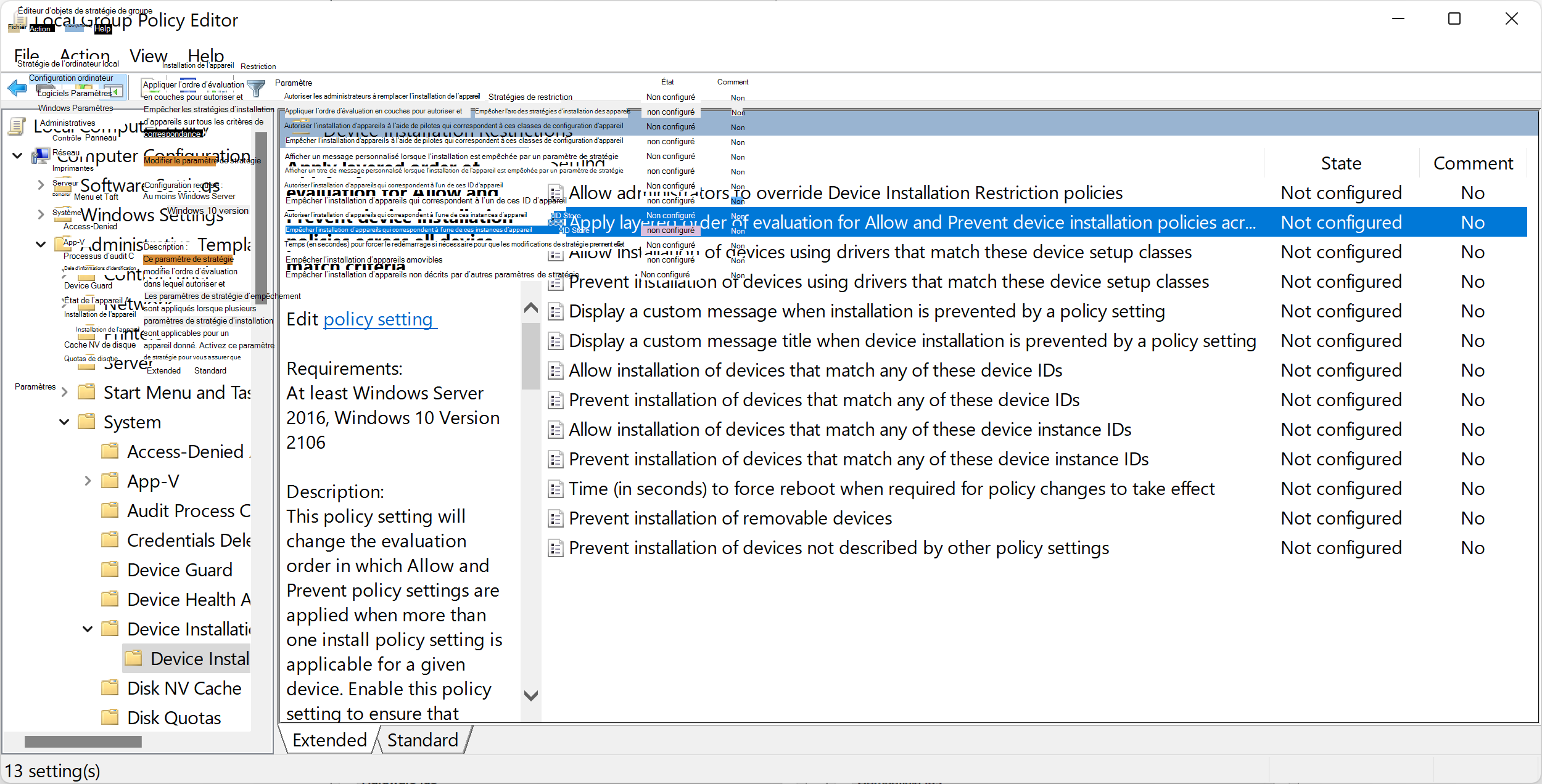 Image de l’éditeur de stratégie de groupe local montrant les stratégies sous « Restrictions d’installation de l’appareil » et la stratégie nommée dans cette étape.