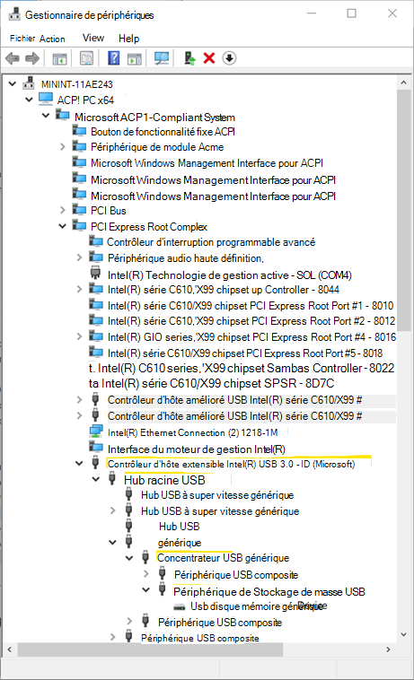 Périphériques USB imbriqués dans l’arborescence PnP.