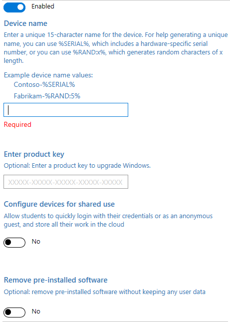 Dans le Concepteur de configuration Windows, activez la configuration de l’appareil, entrez le nom de l’appareil, la clé de produit à mettre à niveau, désactivez l’utilisation partagée et supprimez les logiciels préinstallés.