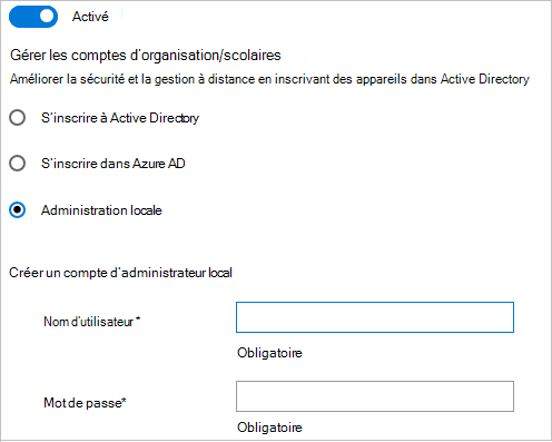 Dans Designer de configuration Windows, rejoignez Active Directory, Microsoft Entra ID ou créez un compte d’administrateur local.
