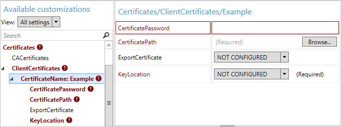 Dans Designer de configuration Windows, des paramètres supplémentaires pour le certificat client sont disponibles.