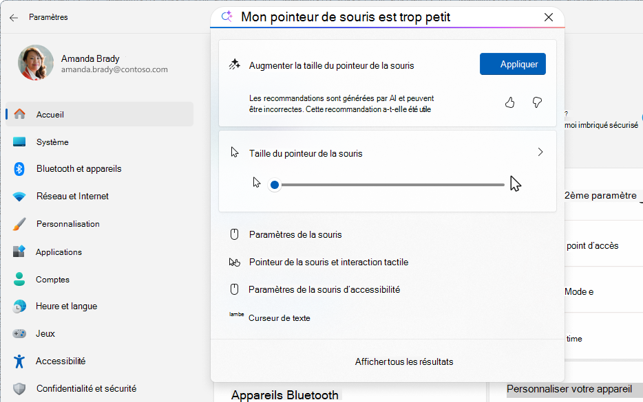 Capture d’écran des paramètres montrant l’agent de recherche avec un exemple de recherche.