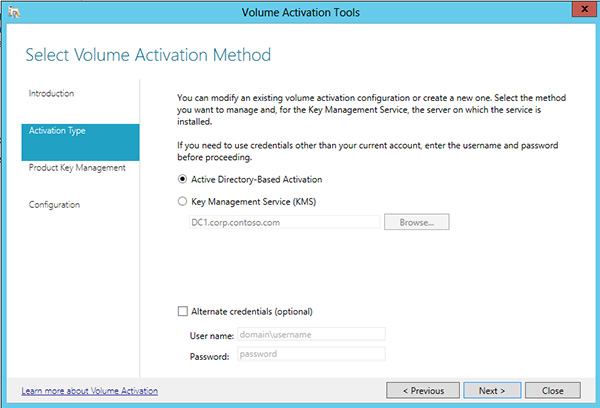 Sélection de Active Directory-Based Activation.