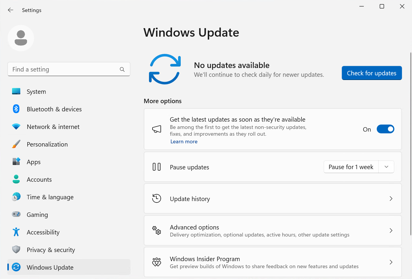 Capture d’écran de l’option Obtenir les dernières mises à jour dès qu’elles sont disponibles dans la page Mises à jour Windows de Paramètres.