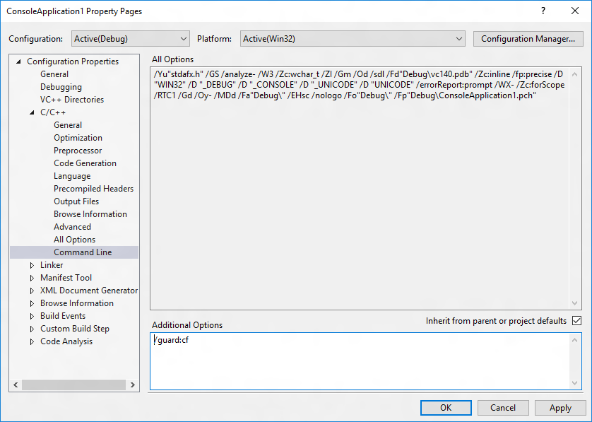 Capture d’écran de la configuration de génération des options supplémentaires pour les lignes de commande C/C++ dans Visual Studio avec la propriété définie sur /guard :cf