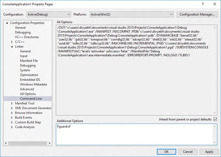 Capture d’écran de la configuration de génération des options supplémentaires pour les lignes de commande Linker dans Visual Studio avec la propriété définie sur /guard :cf