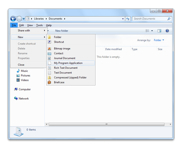 capture d’écran de l’Explorateur Windows montrant une nouvelle commande « myprogram application » sur le sous-menu « new »