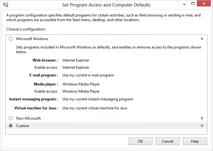 capture d’écran de la définition de l’accès au programme et des options Microsoft par défaut