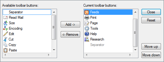 Capture d’écran du générateur de liste des boutons de barre d’outils 