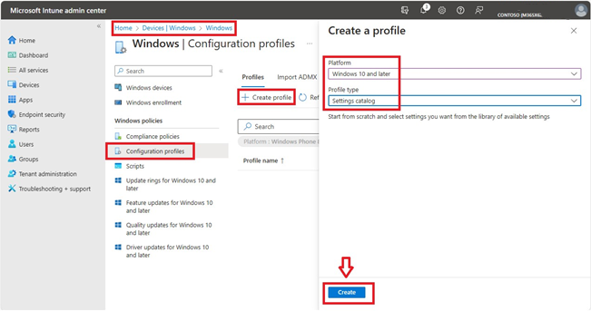 Capture d’écran des profils de configuration Windows du centre d’administration de Microsoft Intune