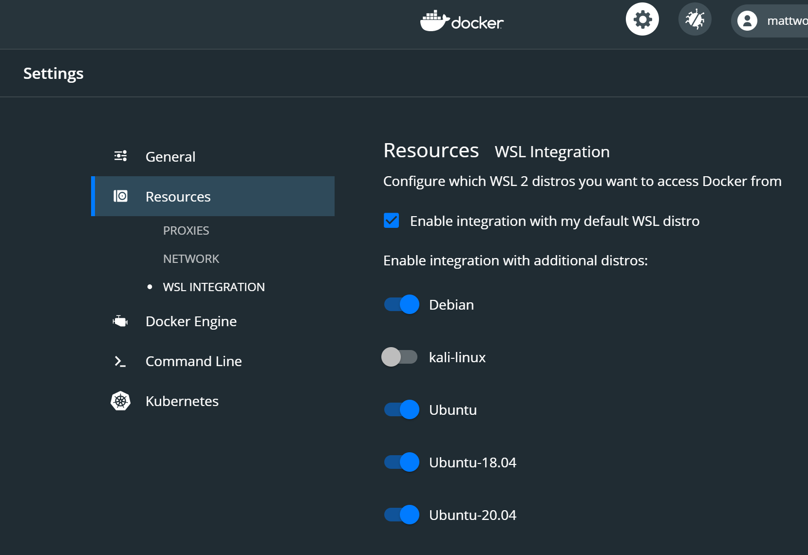 Docker Desktop WSL2 menu screenshot