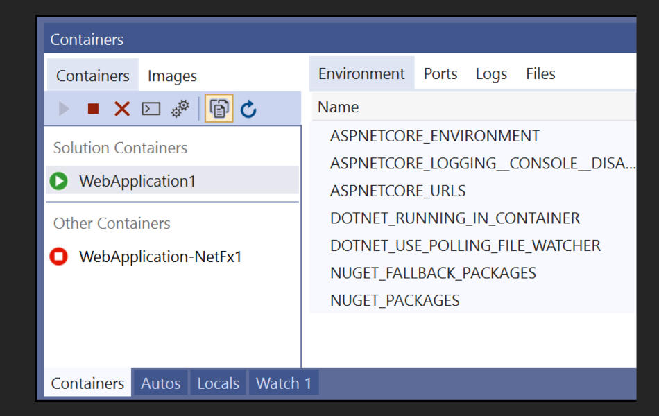 Menu Docker dans Visual Studio