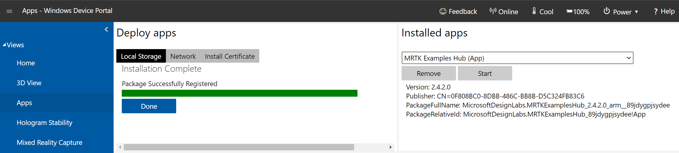 Screenshot of the Apss manager page open in the Windows Device Portal with installation successfully completed