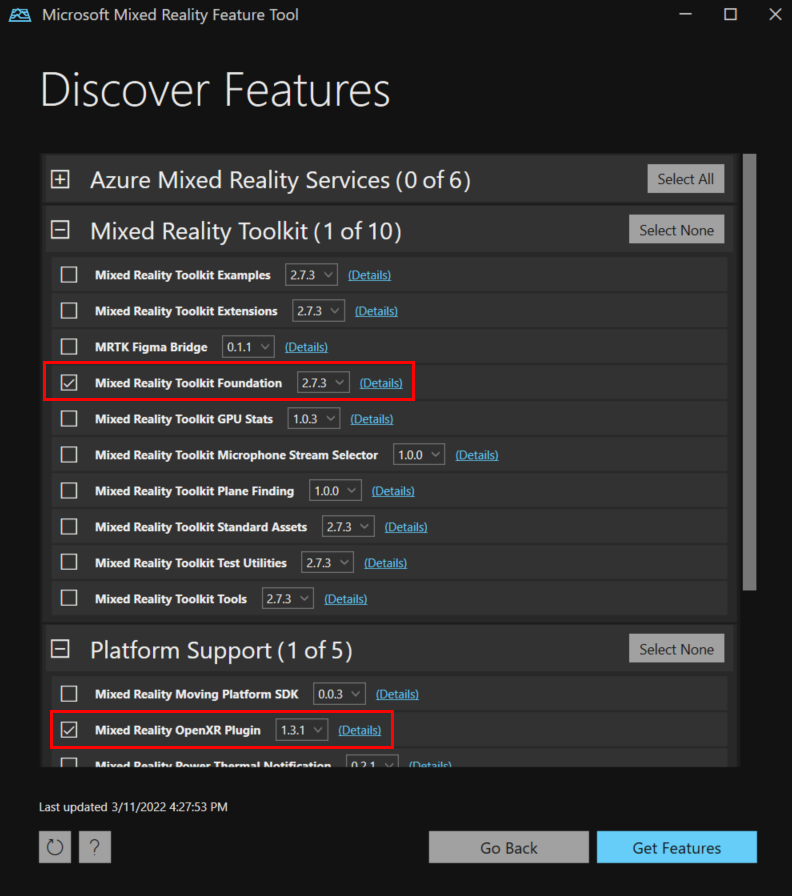 Capture d’écran des sélections de packages dans Mixed Reality Feature Tool.