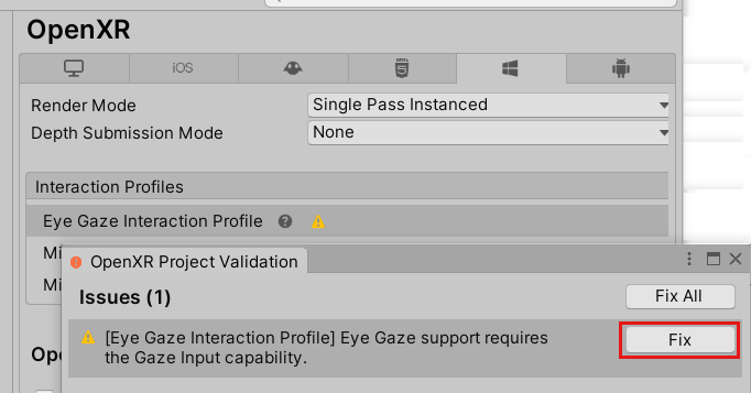 Capture d’écran du bouton Fix pour le profil d’interaction Eye Gaze.
