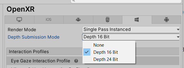 Capture d’écran de l’option Depth 16 Bit sélectionnée comme Depth Submission Mode.