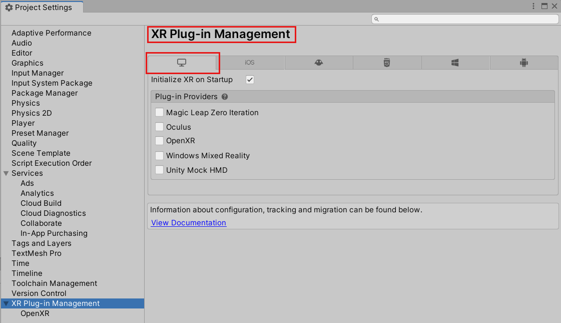Capture d’écran de la fenêtre Paramètres du projet ouverte sur la page gestion du plug-in XR et l’onglet Pc, Mac & Linux Autonome.