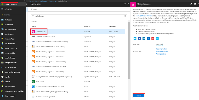 Capture d’écran du portail Azure. L’option Media Services est mise en surbrillance.